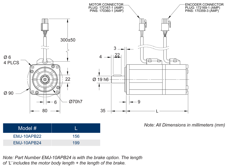 AC Servo Motors - EMJ 80 mm Series Dimension